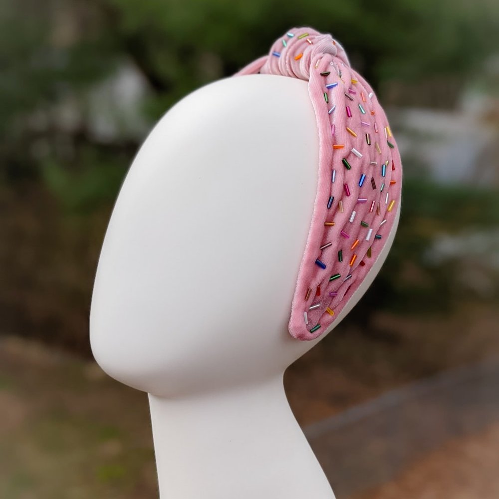 Pink Velvet Knot Headband with Sprinkles Rainbow Confetti Beading - Picture 10 of 11
